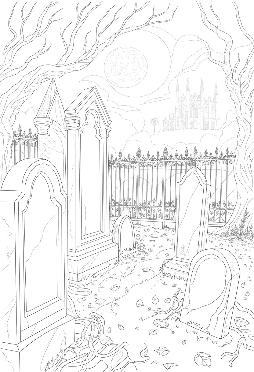 Gothic Coloring Pages for Adults: Top 20 Designs to Download as PDF and Png Files. 38 A moonlit graveyard with old tombstones, bare twisted trees, a wrought iron fence, and a distant gothic cathedral under a cloudy night sky.
